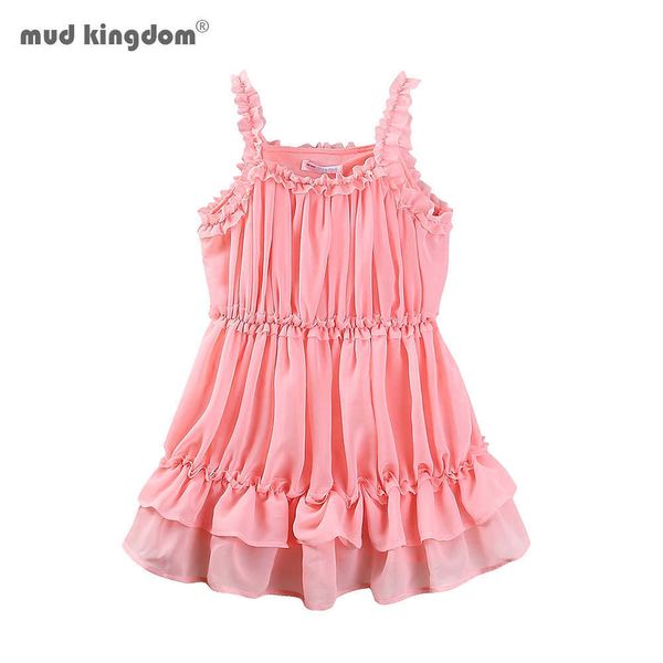 Mudkingdom toddler meninas vestidos sem mangas chiffon plissado plissado verão laço crianças roupas princesa crianças 210615