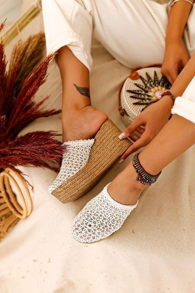 

slippers women's white mesh detailed fill heel, Black