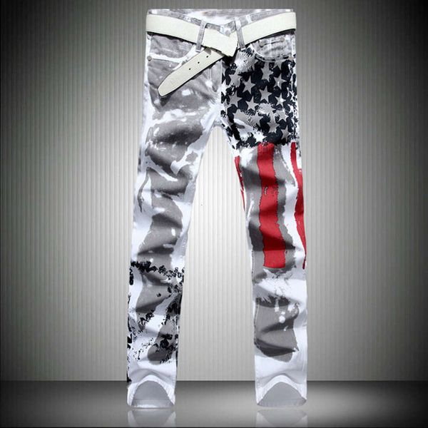 

2021men's white american flag printed jeans high stretch slim casual five pointed star red stripe large pants, Blue