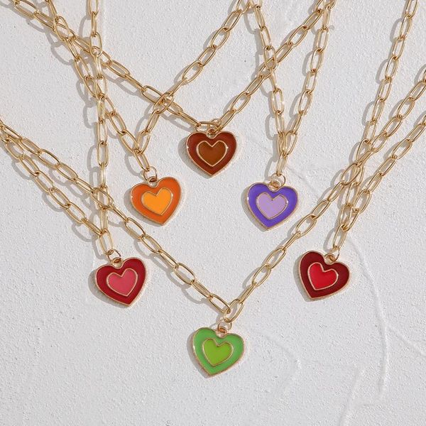 

chokers ins vintage drop oil double heart pendant necklaces simple colorful thick chain necklace for women girls fashion jewelry, Golden;silver