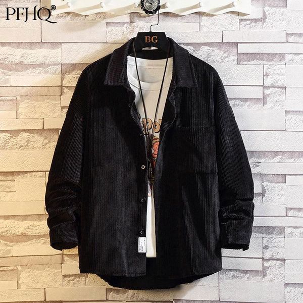 

men's casual shirts pfhq 2021 autumn and winter japanese style trend simple corduroy solid color lapel loose long sleeve shirt 21e5446, White;black