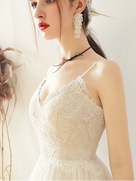 

boho 2021 new spaghetti strap a line tulle long backless beach wedding gown lace bride es 4um1, White