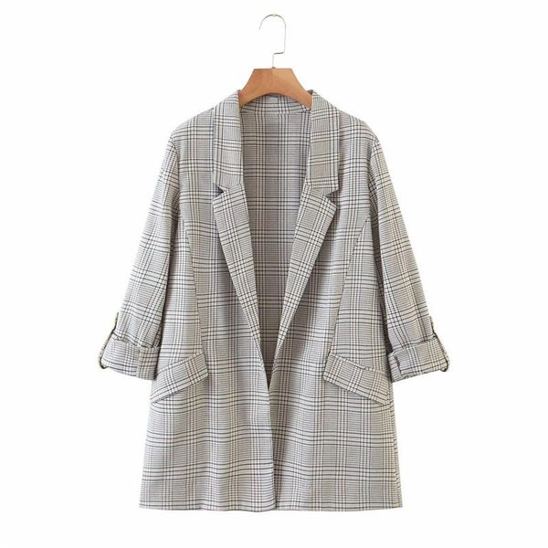 

new women casual plaid print loose autumn cotton long blazer outwear 2021 new office lady elegant roll cuff no button blazers, White;black