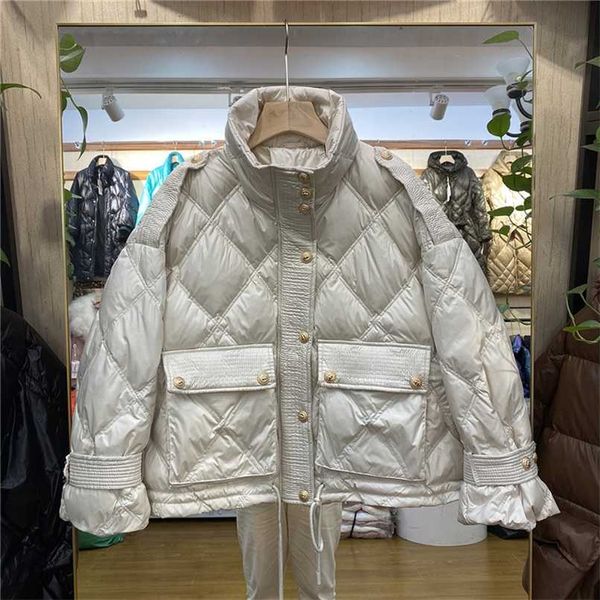 

women stand collar puffer jacket thicken warm lingge pocket drawstring winter 90% white duck down outwear casual female parkas 211108, Black