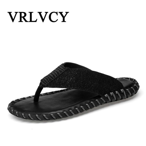 

slippers 2021 brand summer beach men's leather flat sandals outdoor rubber thong shoes men, Black