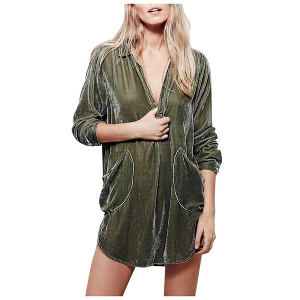

sagace women elegant blouse deep v-neck black mesh fashion jacket loose long-sleeved pocket gold velvet shirt dress, Black;gray