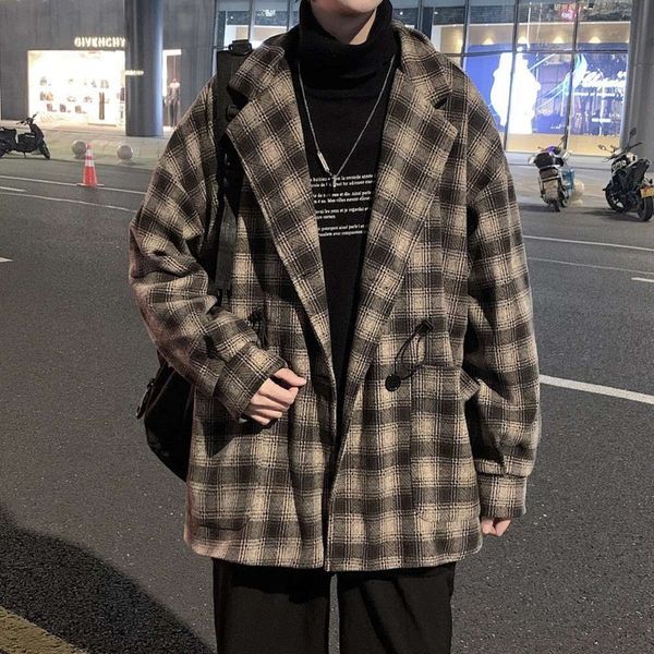 

tweed 2021 korean fashion loose casual plaid jacket men's coat, Black
