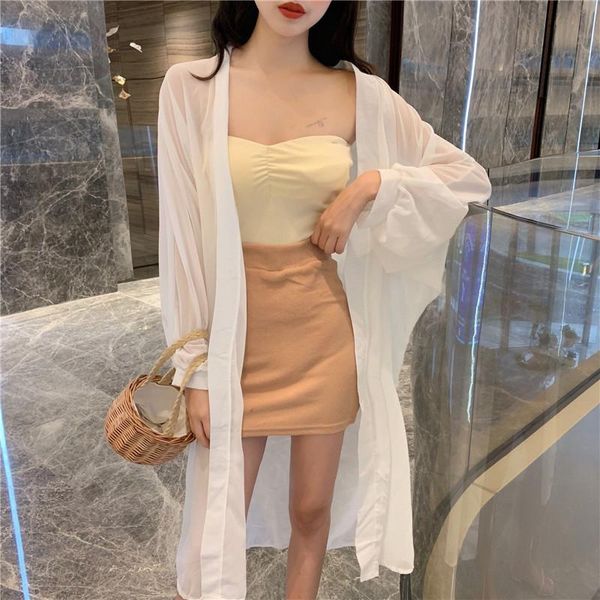 

women's blouses & shirts women blouse chiffon shirt kimono cardigan black white loose ladies sun-protective 2021 puff sleeve long simp