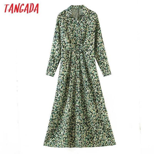 Tangada Moda Mulheres Verde Floral Impressão Preticada Camisa Vestido Manga Longa High Street Ladies Midi Dress SL514 210609