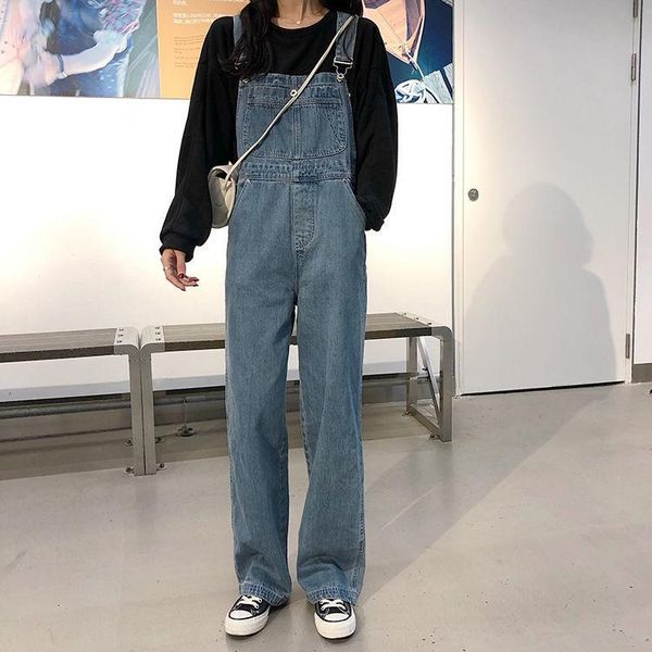 

woman jeans pants mop denim suspender pants women's loose autumn high waist straight long, Blue