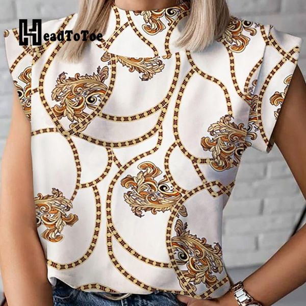 

women's t-shirt chain baroque print mock neck top, White