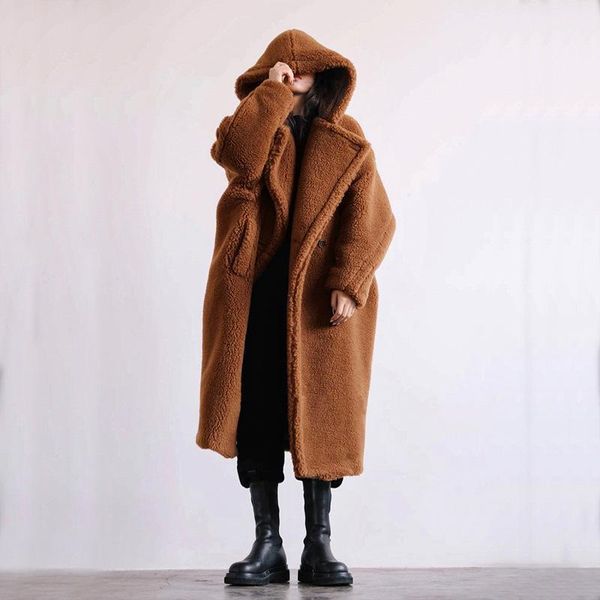 

women's fur & faux autumn and winter casual jacket coat mid-length hooded lapel fashion lamb wool temperament, Black