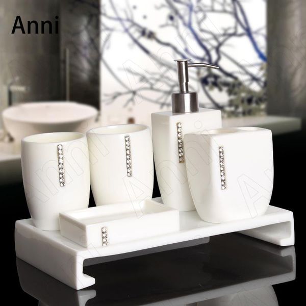 

bath accessory set creative diamond-encrusted white jade bathroom accessories european modern five piece shower home decoration