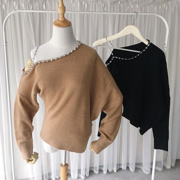 

women's sweaters [ewq] korea chic off shoulder chain sweater 2021 autumn black asymmetric knitted female fashion 16r145, White;black