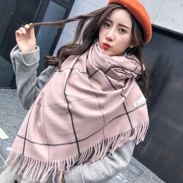 

new cashmere scarf women's autumn and winter shawl korean versatile checkered warm tourism student neck fashion, Blue;gray
