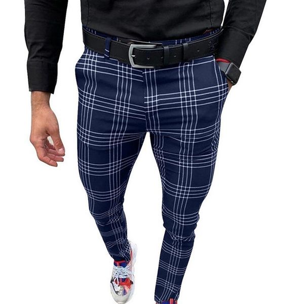 

men's pants 2021 large plaid stripe casual social slim fit black trousers zipper mid waist skinny business spring stretchy