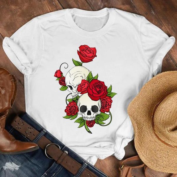 

men lady skull floral flower fashion 90s casual printing tee mens female print t graphic, White;black