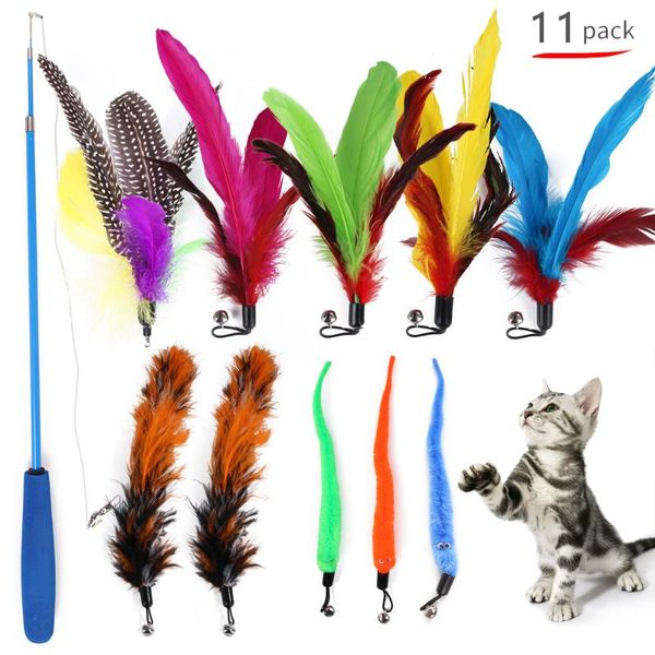 

cat toys 11 pcs replacement feather toy set, teaser wand for kitten having fun exercise playing without the stick