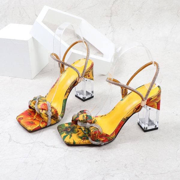

sandals women's fashion high heels square toe crystal plus floral block printing designer ladies leisure vacation shoes, Black