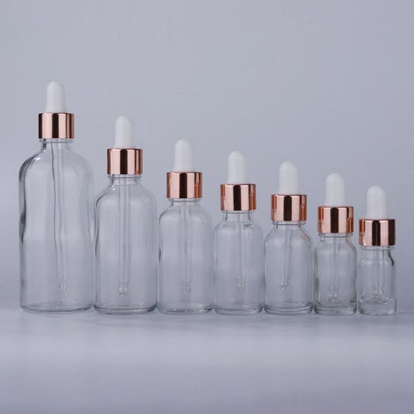 

wholesale glass refillable dropper bottles 5-100ml empty essential oil container with new rose gold lids