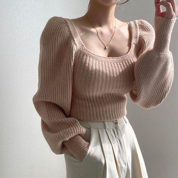 

women's sweaters 2021 solid square collar pullover sweater women fashion lantern sleeve slim ribbed knitted female casual, White;black