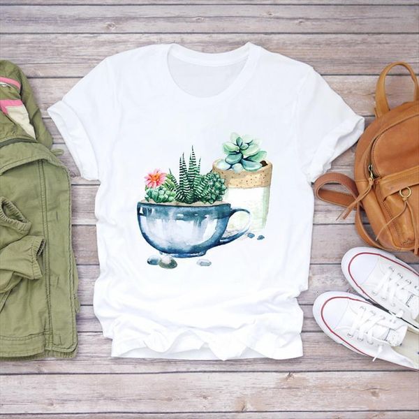 

plant cartoon cute fashion women t shirts cactus printed 90s womens graphic ladies female tee, White