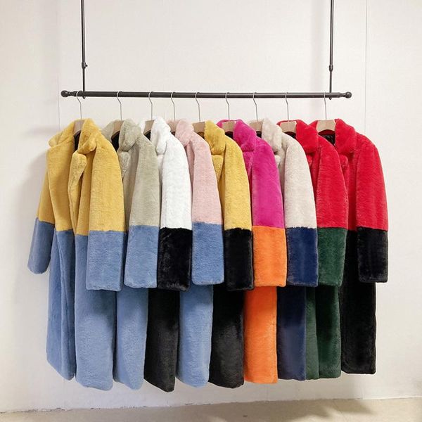 

women's fur & faux 2021 women winter warm coat color patch thick long turn down collar, Black