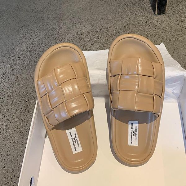 

sandals vintage weave women slippers flat platform leather casual female footwear light beach shoes zapatillas mujer, Black