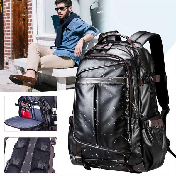 

men synthetic leather lapbackpack large waterproof school travel shoulder bag zipper open