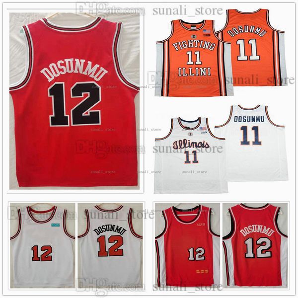 Illinois Fighting Illini College Basketball 11 Ayo Dosunmu 12 Maglie University Team Rosso Arancione Bianco Traspirante Uomo