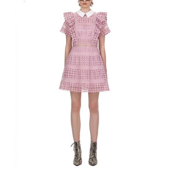 

2021 new self portrait pink color women mini short sleeve turn down collar hollow out lace dress elegant gexh, Black;gray