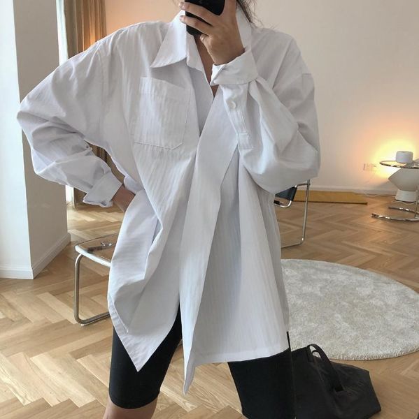 

women's blouses & shirts summer women oversize loose blouse normcore long sleeve asymmetrical shirt, White