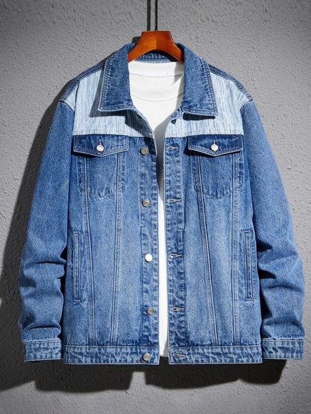

men contrast panel slant pockets denim jacket without tee r193#, Blue