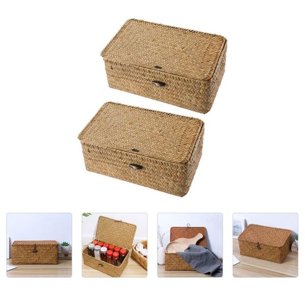 

storage baskets 2pcs basket with lid seaweed woven container organizer case