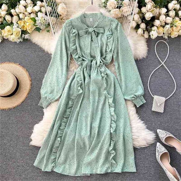 Frauen Süße Rüschen Kleid Frühling Herbst Puff Langarm Bogen Damen Elegante Blumen Gedruckt Vestidos Mujer 210525