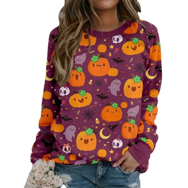 

halloween pumpkin print women's sweatshirt round neck long sleeve top, Black
