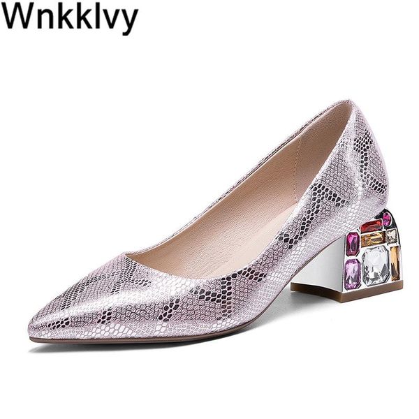 

dress shoes colorful crystal chunky high heel pumps women pointed toe snakeskin spring autumn runway design single female 2021, Black
