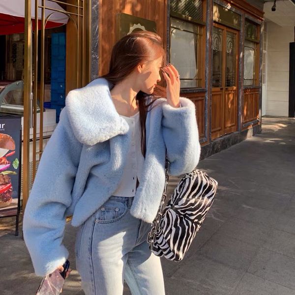 

keep warm women winter aqua blue big lapel hairy shaggy faux rabbit fur jackets vintage furry oversized coat short outerwear, Black