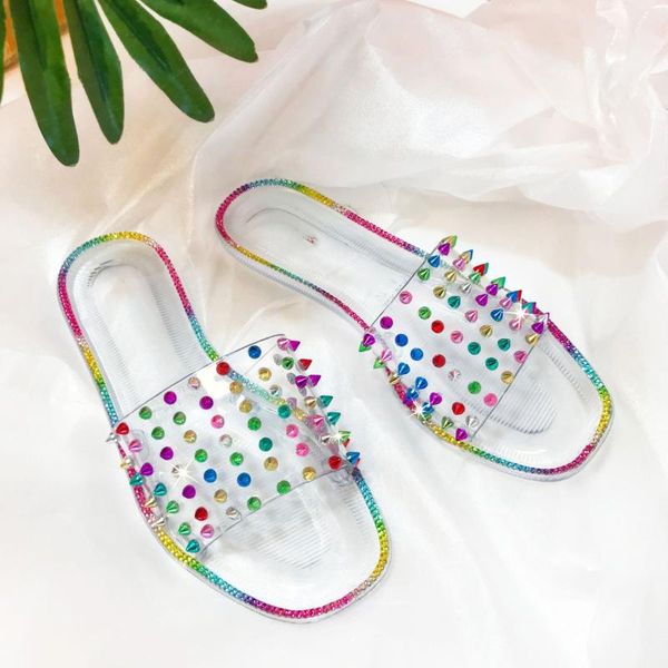 

sandals women flat slippers for rivets 2021 summer shoes transparent pu, Black