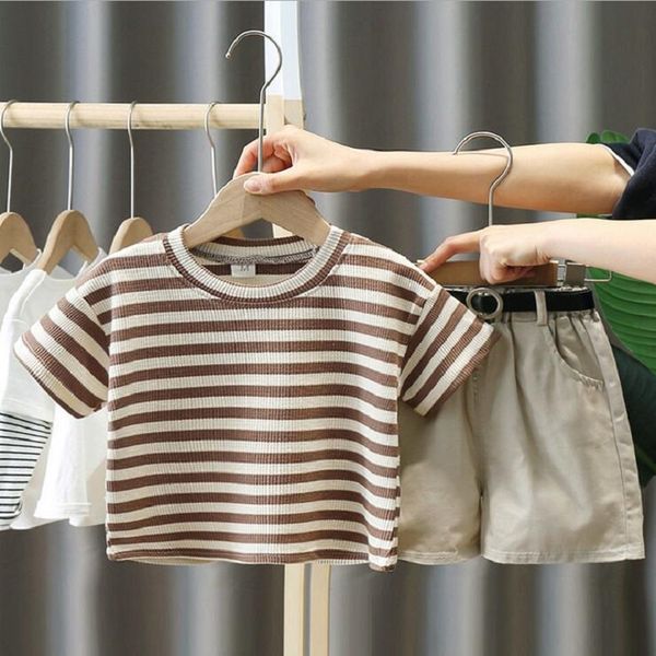 

summer new kids clothes korean stripe t-shirt+ shorts children clothing set for kids girls boys clothes suit for 75-115cm, White