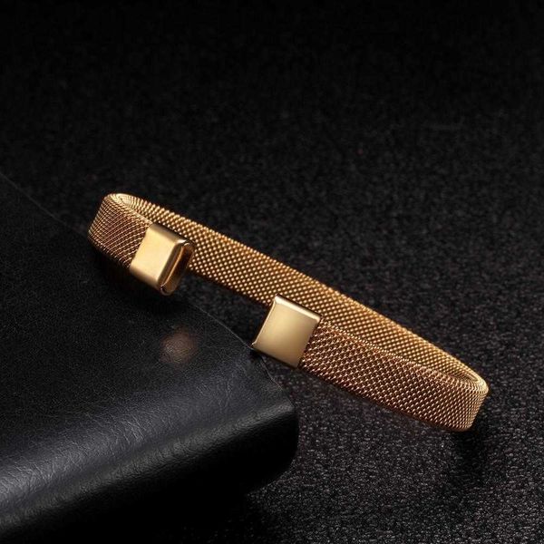

trendy gold plated mesh stainless steel open cuff bangles man women sporty bracelets wholesale jewelry q0719, Black