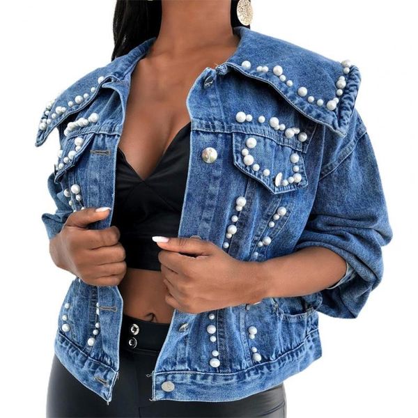 

women's jackets denim jacket 2021 casual autumn winter beaded large lapel women single-breasted long sleeve jeans coat streetwear, Black;brown