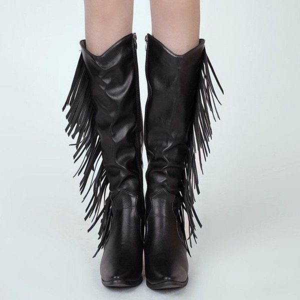 

sandals women's boots leather western cowboy women vintage fringe knee-high low chunky heel pointed toe heels female, Black