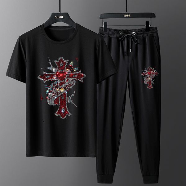 

sweater knit summer diamond t-shirt men's youth fashion brand social guy large round neck slim fit net red trousers short sleeve suit, White;black