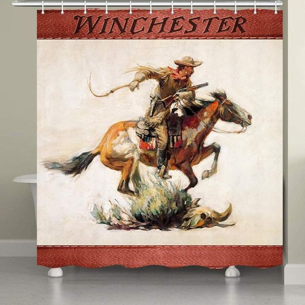 

shower curtains cowboy with gun on horse distressed retro vintage look curtain for bathroom