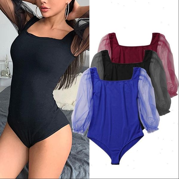 

bodysuits rompers 2020 summer women short playsuits puff sleeve square neck vintage jumpsuits lace leotard 5xl, Black;white