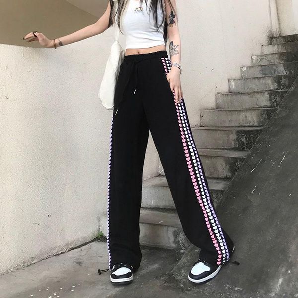 

women's pants & capris harajuku style love printing for women summer fashion high waist loose wide leg straight black hip hop trousers, Black;white