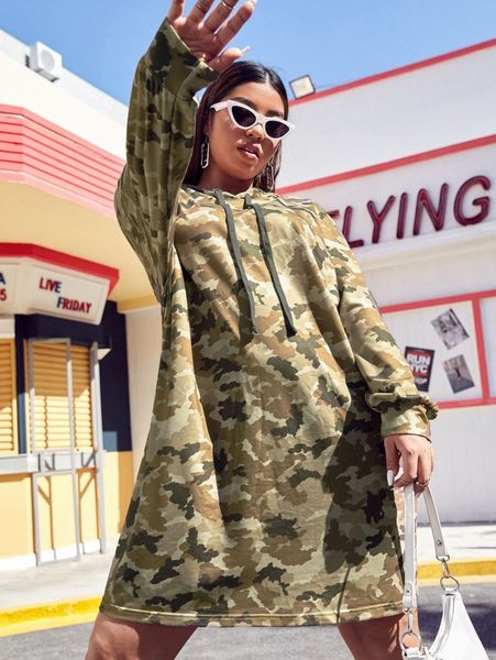 

plus drop shoulder camo print hooded dress y73m#, Black