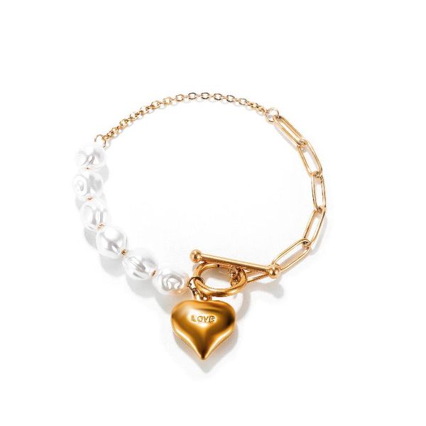 

link, chain cyue fashion stainless steel gold love heart charm ot clasp bracelet pearl for women jewelry gift, Black