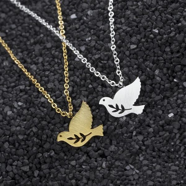 

pendant necklaces wholesale 10pcs/lot bird jewelry stainless steel peace dove necklace women kolye pacifist pigeon leaf bff gifts, Silver